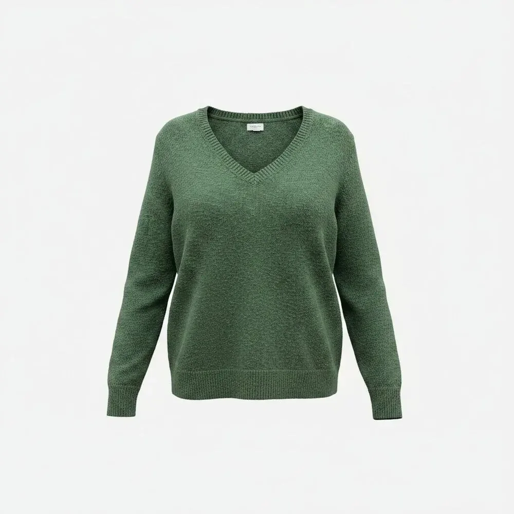 J. Crew Green V-Neck Slub Sweater Medium Cotton Knit Preppy Casual Minimalist